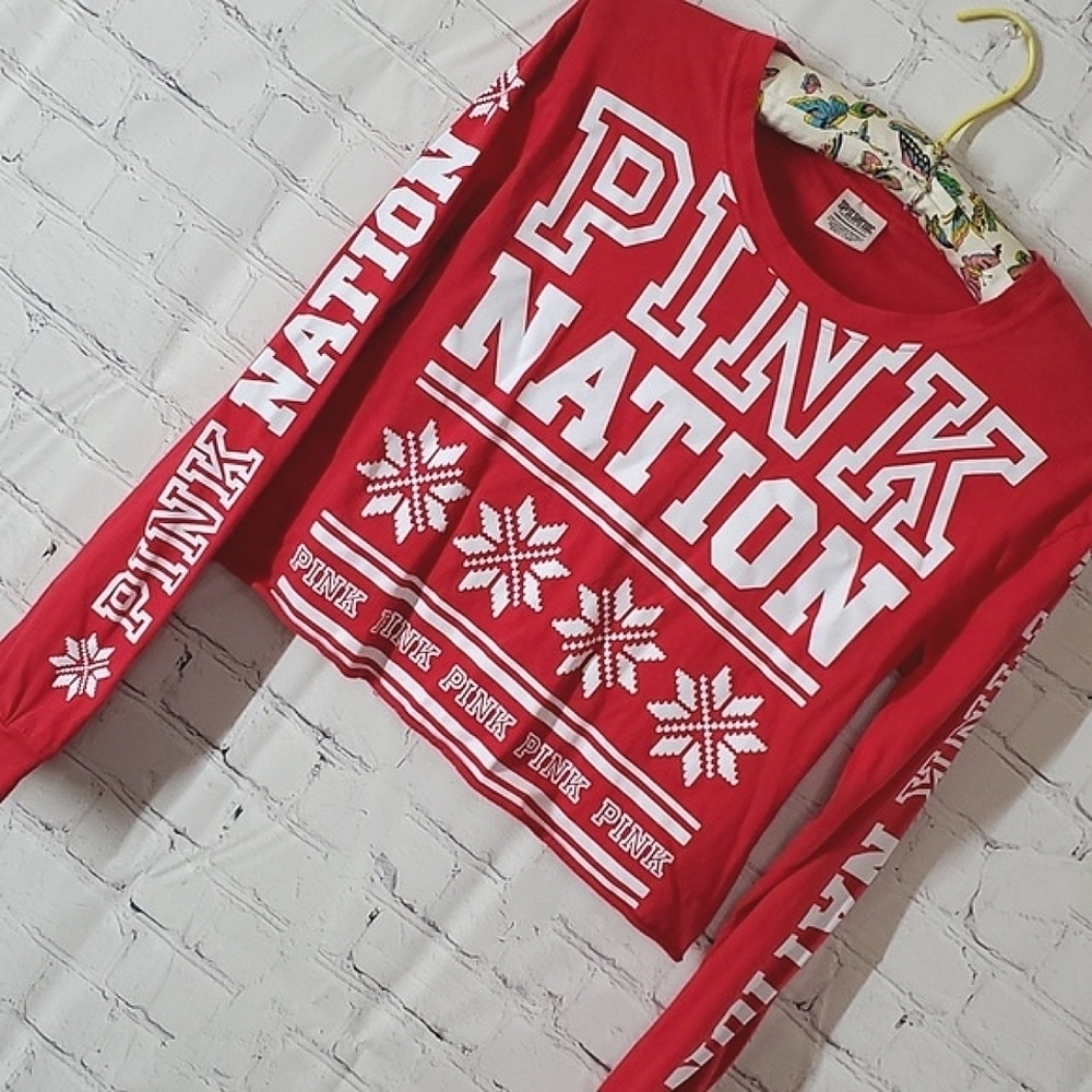 2017 Victoria's Secret PINK Red Holiday Long Sleeve Snowflake Crop Top Tee Sz XS - Picture 3 of 12